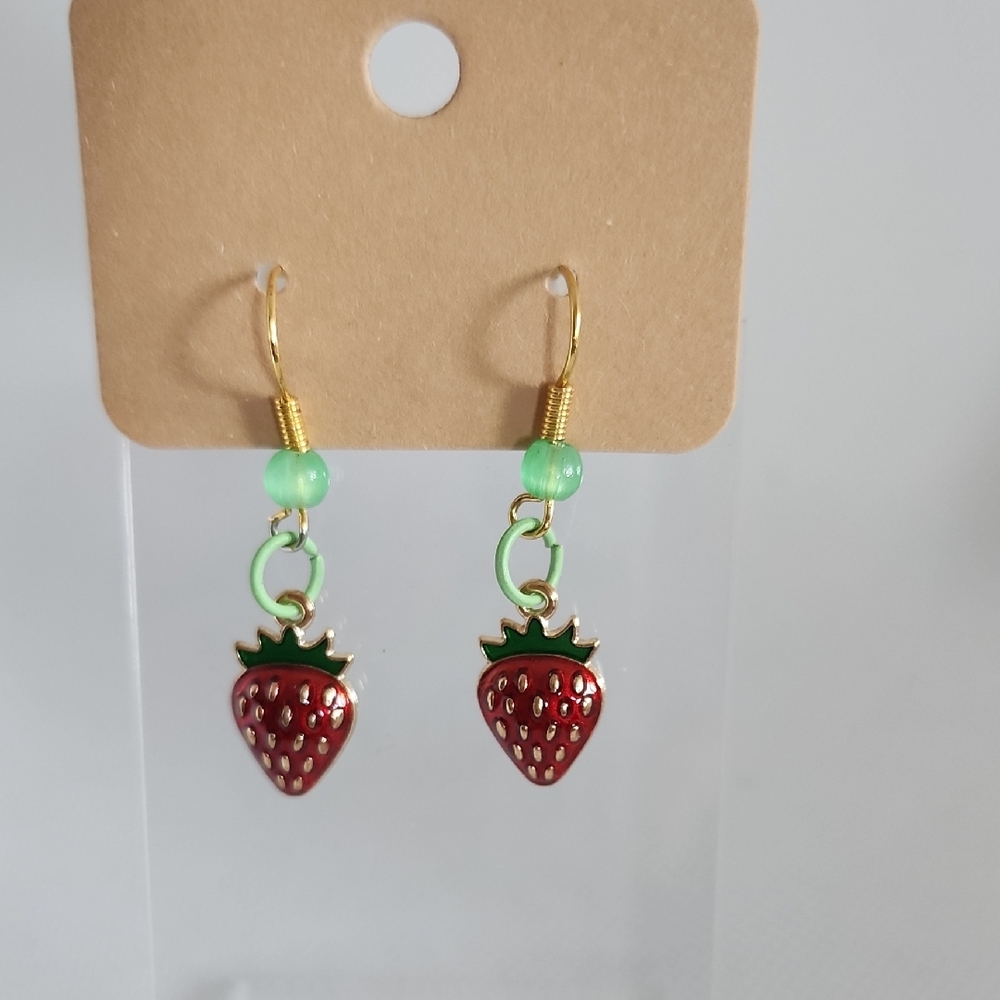 Strawberry Charm Earrings (Lighter Green)